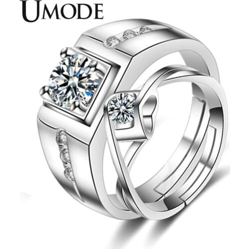UMODE New White Gold Color CZ Crystal Open Cuff Ring Set for Women Clear Cubic Zircon Jewelries Wedding Engagement Ring AUR0445