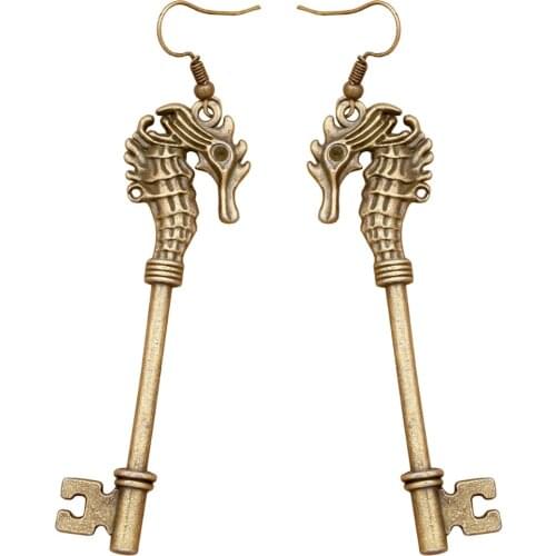 Art Deco Victorian 2.7" Long Seahorse Skeleton Key Steampunk Dangle Earrings For Women Oorbellen Jewelry Orecchini