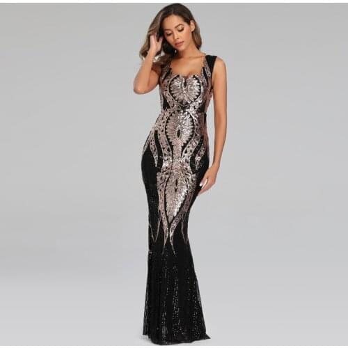 YIDINGZS 2021 Double Shoulder Gold Sequins Evening Party Dress Sleeveless Formal Long Evening Dress