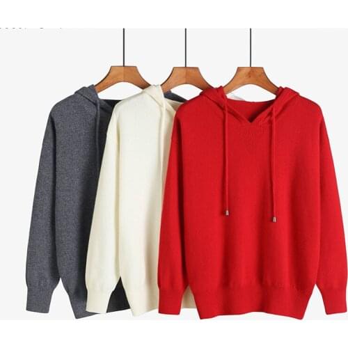 Hooded 100 pure cashmere sweater women Knitted Warm Fashion autumn and winter pullover shirt Long Sleeve Solid Color