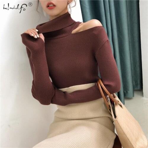 Sexy Hollow Out Off Shoulder Sweater Women Pullovers Knitting Turtleneck Slim Base Sweater Autumn Winter Casual Ladies Tops