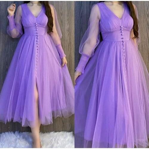 Long Sleeve Tulle Short Prom Dresses with Front Buttons Robe De Soiree Formal V-Neck Purple Pink Green Party Dresses for Women