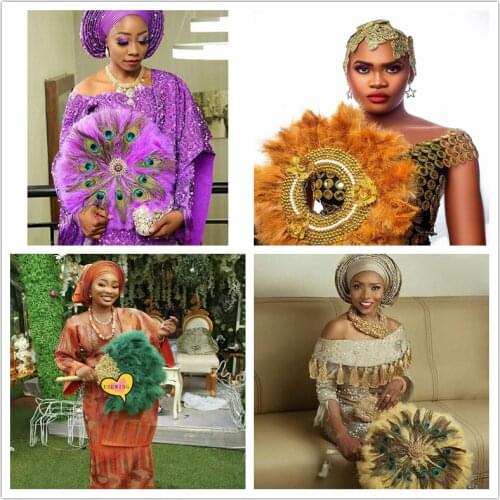 1Pc African Turkey Feather Hand Fan Handmade Fans for Party&Wedding Decoration Hand Fan with Stones Double-sided Feather Fan