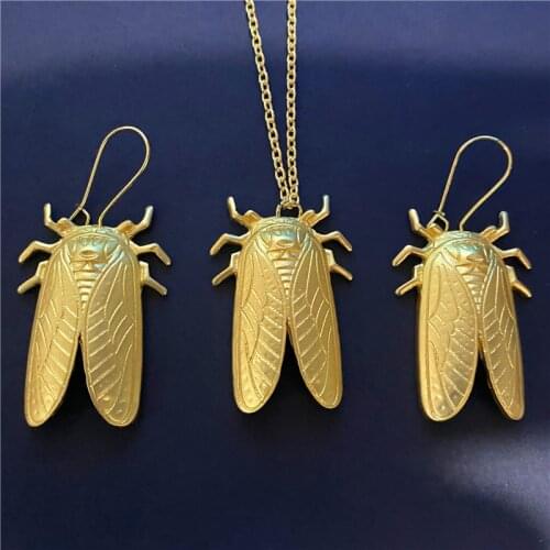 3pcs/1set Necklace Earrings New Design! Gold Cicada Lucky Insect Earrings Necklace Summer Necklace