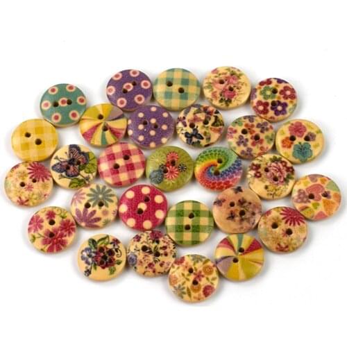 300PCS Mix Lovely Flower Pattern Round Wooden Buttons Handmade Accessories Decoration Sewing Scrapbooking Crafts DIY