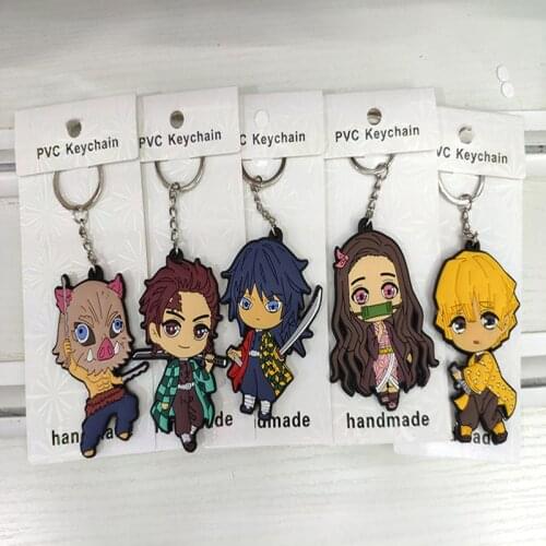 5pcs/set Anime Demon Slayer: Kimetsu no Yaiba PVC Figure Keychain Pendant Toys Tanjirou Nezuko Figures Two-sided Keychain Set