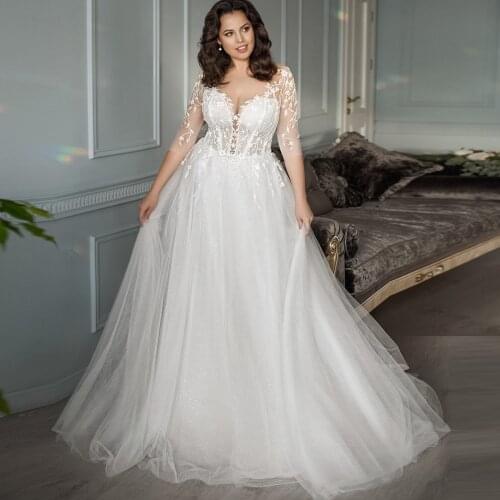 ADLN Chic Jewel Plus Size Wedding Gown with Sleeves Custom-made A-line Tulle Lace Bridal Dress Robe de Mariee