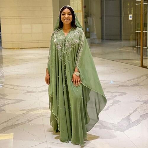 African Women Dashiki Moroccan Kaftan Dubai Abaya Pearls Diamonds Hoodie Dress Muslim Jilbab Eid Mubarak Caftan Africa Clothes