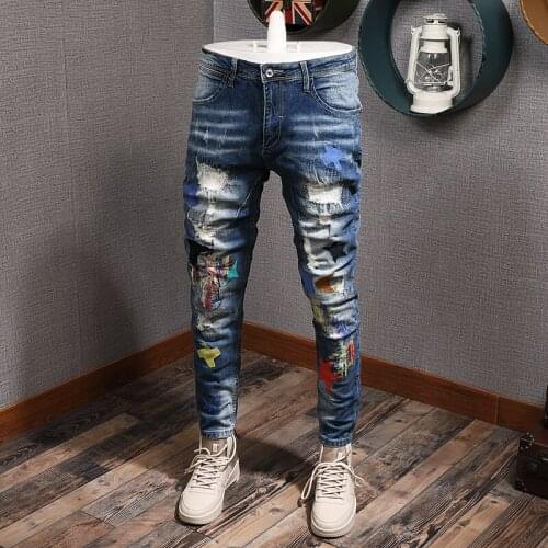 Men Jeans High Quality Slim Fit Patches Designer Ripped Jeans Fashion Streetwear Destroyed Pencil Pants Hip Hop Jeans Homme