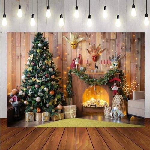 Photography Background Christmas Retro Vintage Wooden Wall Fireplace Christmas Tree Photo Backdrop For Photo Studio
