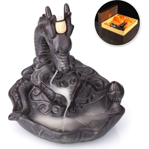 Ceramic Dragon Backflow Incense Burner with Gift Box Smoke Backflow Cones Incense Burner Censer Holder + 10pcs Incense Cones