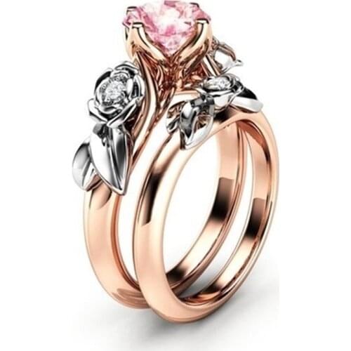 2Pcs/Set Fashion Women Ring Exquisite Zircon Rose Flower Ring For Women Jewelry Accessories Anniversary Gift