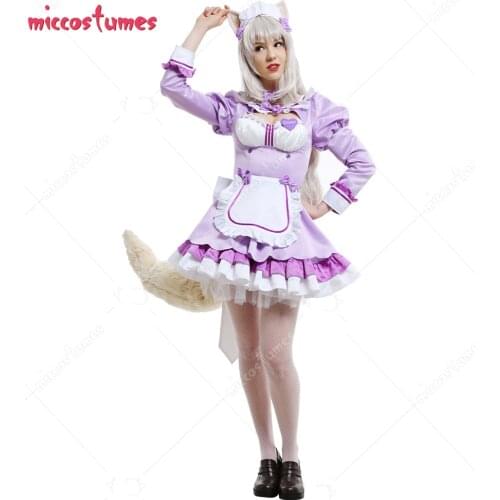 Coconut Cats Girl Cosplay Costume Maid Dress Ruffled Round Collar Long Sleeve Full Set Outfits with Heart-Shape Badge Petticoat