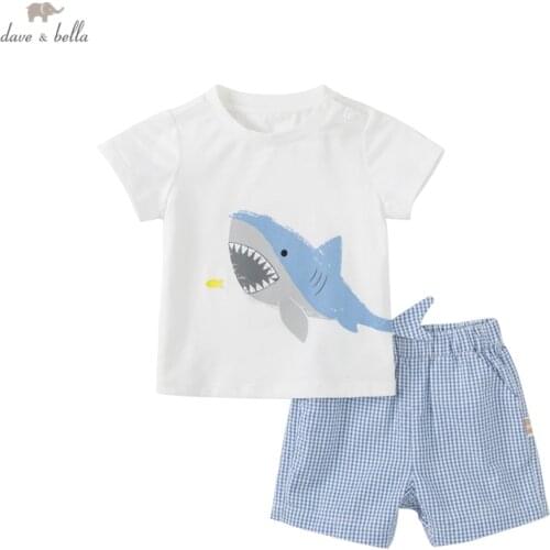 DB17507 dave bella baby boys summer casual cartoon plaid clothing sets kids boy fashion short sleeve sets children 2 pcs suit