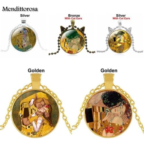 Mendittorosa Gustav Klimt The Kiss Luxury Brand Jewelry Glass Cabochon Choker Pendant Necklace For Women Party Gift