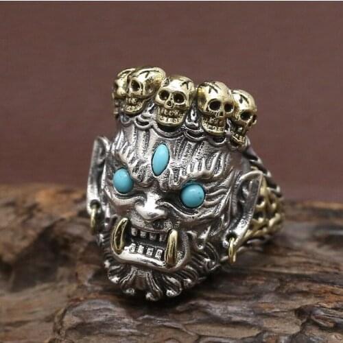 Sterling Silver S925 Ring Mens Retro Thai Silver God of Wealth Mens Exquisite Ring Domineering Punk Mens Rings