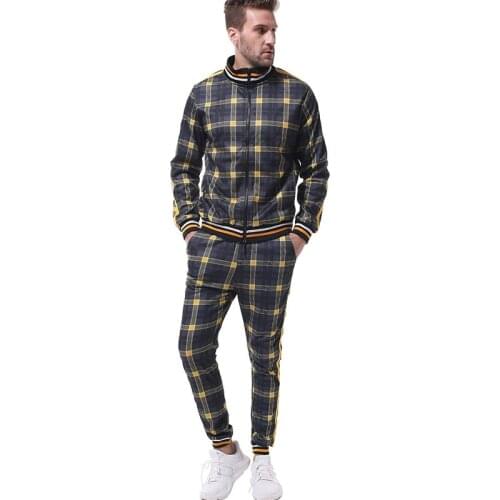 Mens Fall Large Size Suit Thin Checkered Stripe Popular Logo Casual Fitness Sportwear Long Sleeve Zip Standing Collar Coat