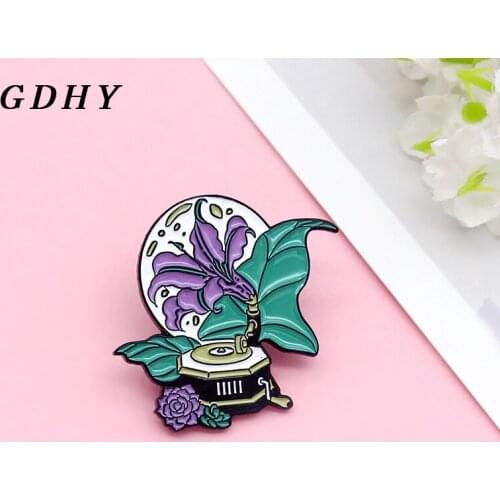 GDHY Moon Music box Music Lovers Enamel Pin Punk Morning glory Orchid Flower Record Player Badge Brooch Lapel Jewelry Gift
