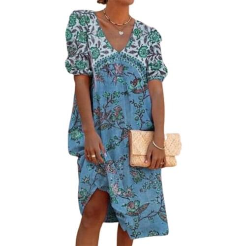 Dress V Neck Puff Sleeve Female Ladies Short Sleeve Loose Dress for Daily Life