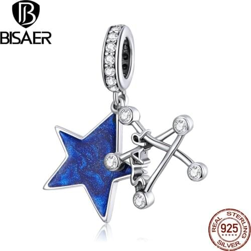 BISAER Brilliant Stars Beads 925 Sterling Silver Blue Star Shape Charms Pendant Fit DIY Bracelet Necklace Jewelry ECC1771