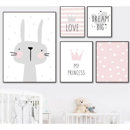 Lovely Nordic Love Crown Rabbit A4 A3 Canvas Painting Art Print Poster Picture Wall Baby Room Children Bedroom Home Decoration