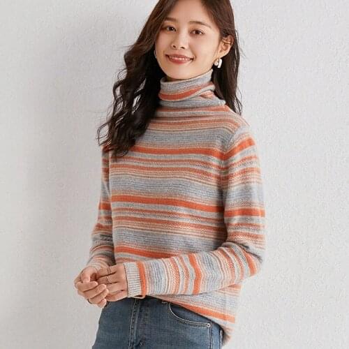 Autumn And Winter New Women Striped 100% Pure Wool Sweater Female Turtleneck Knitted Pullover Thick Warm Cashmere Jumpers