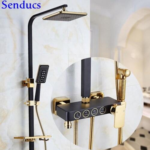 Senducs Black Gold Shower Set Luxury Hot Cold Bathroom Shower Faucet with Brass Bidet Raind Shower Head Black Gold Shower System
