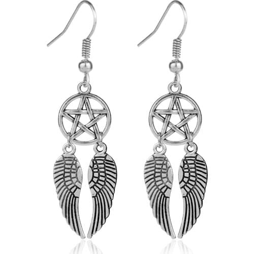 Supernatural Drop Earrings Vintage Pentagram Pentacle Angel Wings Charm Dangle Earrings For Women Fashion Jewelry Accessories