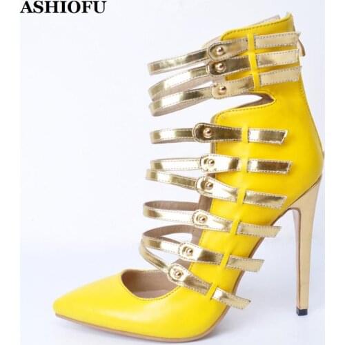 ASHIOFU Handmade Real Photos Womens High Heel Pumps Bling Buckle Strap Party Dress Shoes Evening Fashion Court Pumps Shoes