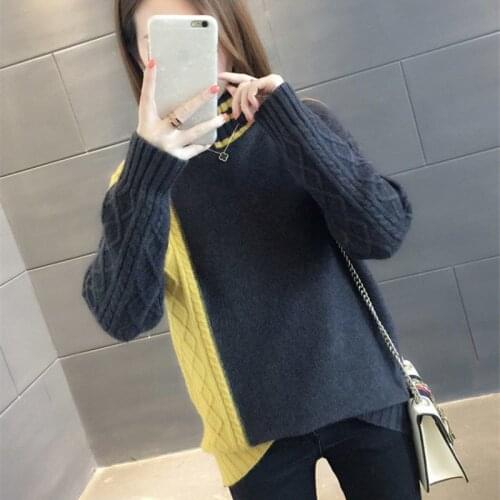 Cashmere No Cashmere Autumn And Winter New Loose Size Sweater Women Korean High Collar Color Matching Twist Knitted Bottom Coat