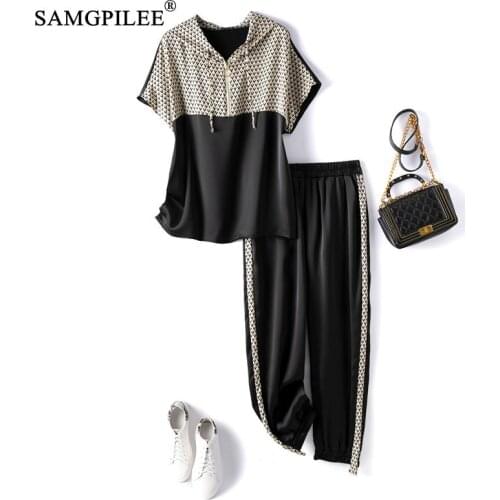 Summer Two Piece Sets For Women 2021 New Short Sleeve Casual Hooded Collar Elastic Waist Full Length Letter V Pattern Woman Set