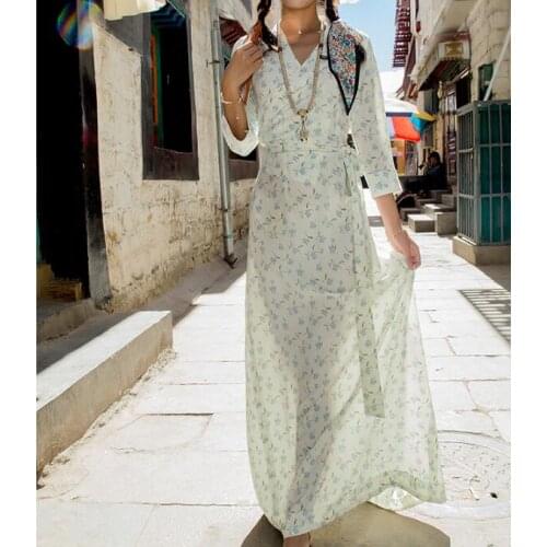 Women Summer Long sleeve dress Chinese Tibetan style Chiffon Floral