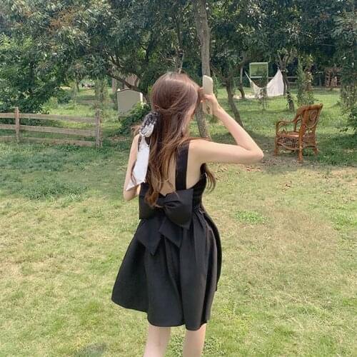 French Vintage Mini Sleeveless Summer Dress 2021 Women Casual Bow Strap Dress Females Sexy Backless Black Korean Style Gothic