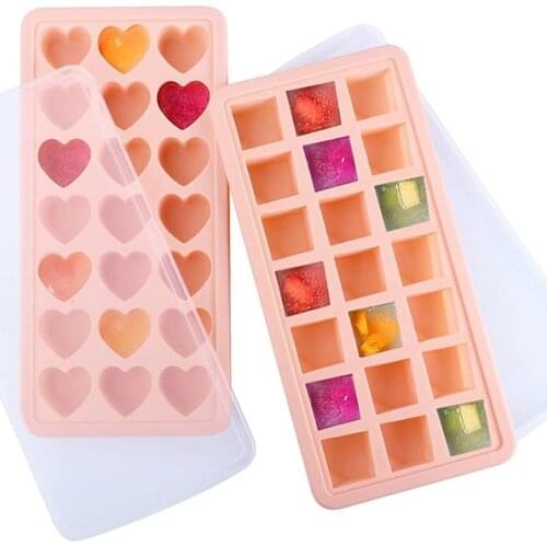 2-Pack Silicone Ice Cube Tray with Lid, Heart Ice Cube Tray & Square Silicone Ice Cube Mold Easy-Release and Flexible