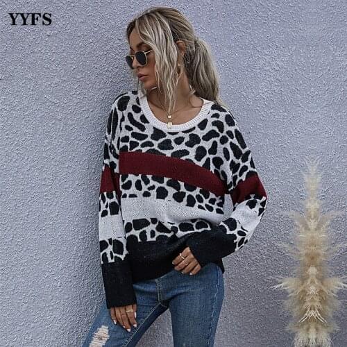 2020 Autumn Winter Sweater Women Fashion Contrast Stitching Leopard Knitted Sweater O-Neck Pullover Long Sleeve Womens Sweater