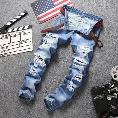 2021 New Jeans For MenS Straight Fashion Hole Ripped Distressed Moto Bike Vintage Jean Plus Size Leisure simplicity