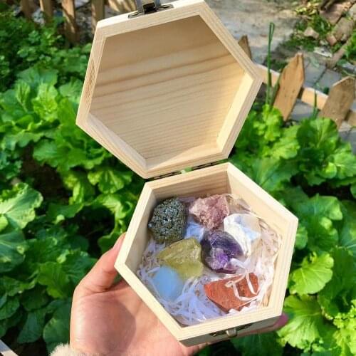 7pcs Natural Amethyst citrine Quartz Crystal Mineral Specimen Healing Stones Rough Ore Seven Chakras Therapy Stone Wooden Gift