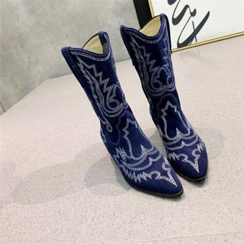 Embroidery Women Ankle Cowboy Boots Pointed Toe Slip-on Purple Fashion Square Heel Comfortable Winter Autumn Wearproof Booties
