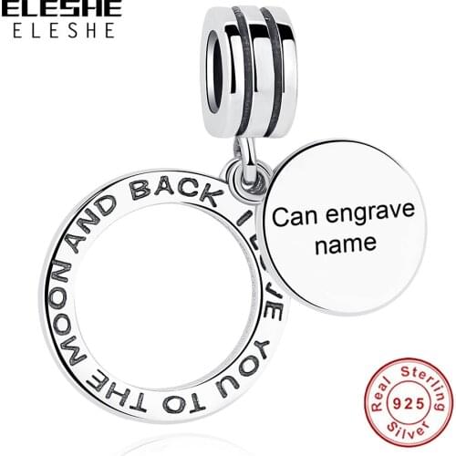 ELESHE Personalized Engrave Name Charms 925 Sterling Silver Circle Round Beads Fit Original Charms Bracelet Necklace DIY Jewelry