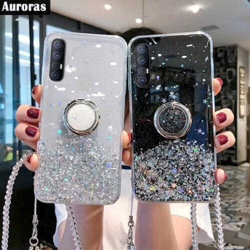 Aurora Glitter Bling Sequins For OPPO Find X2 Lite Case Starry Sky Stars Moon With Ring For OPPO Find X2 Pro Neo Cover Reno 4 5G