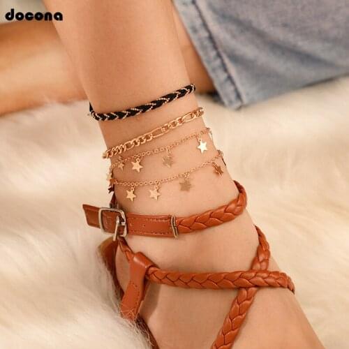 Docona Punk Tiny Star Black Knitting Rope Multilayer Anklet Bracelet Set for Women Double Layer Star Anklets Foot Chains 8383
