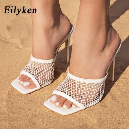 Eilyken New Sexy Mesh Square head Peep Toe Slippers Stiletto Summer Fashion Slip On Thin Heels Slides Women Party High Heel Shoe