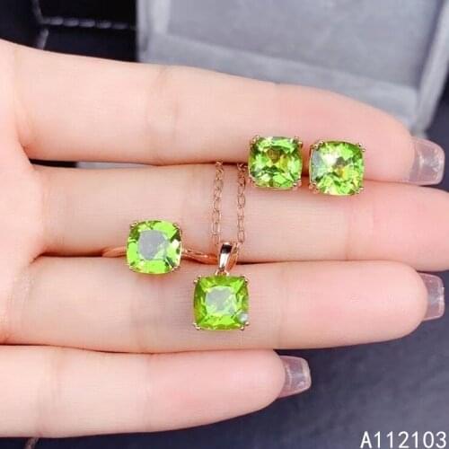 KJJEAXCMY fine jewelry 925 sterling silver inlaid natural peridot Fresh Chinese style Pillow Ring Pendant Earring Set support te
