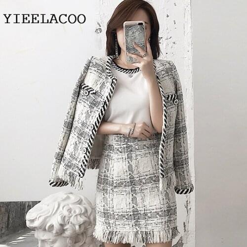 Plaid Tweed Jacket + Skirt Set Tassel 2020 Autumn/Winter Womens Jacket New Celebrity Small Fragrance 2 Piece Skirt Set