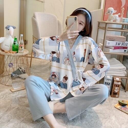 2PCS Japanese Clothing Set Kawaii Printed Kimono Yukata Cotton Steaming Wear Pajamas Woman Bathrobe Nightgown