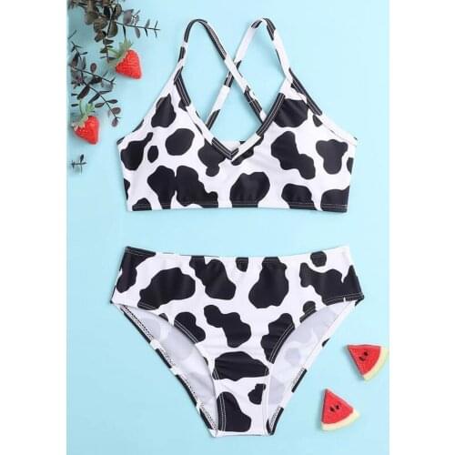 Fashion Swimsuit Kids Girls Colthing Sets Summer Fashion Back And White Crisscross Cow Floral Print Outdoor Beach Swimwear