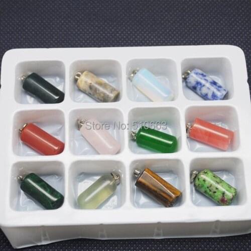 Box Stone Sets,12 Pieces /Lot,Nature Stone Pendant,Gem Stone Pendant,For Necklace Making,Size:10x20mm