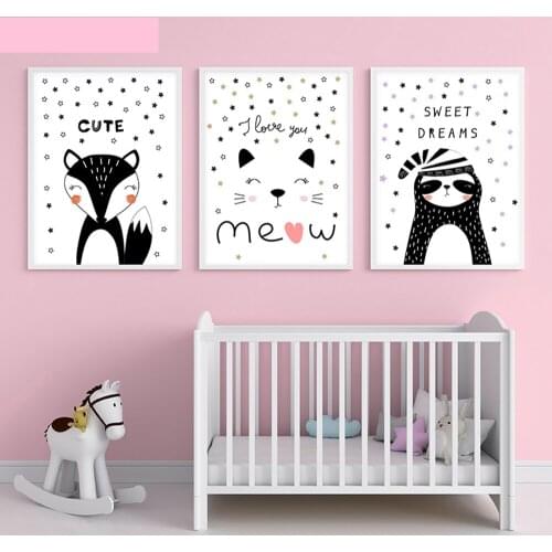Baby Nursery Wall Art Cute Fox Kitten Cat Stars Canvas Poster Print Painting Decoration Picture Nordic Child Kids Bedroom Decor
