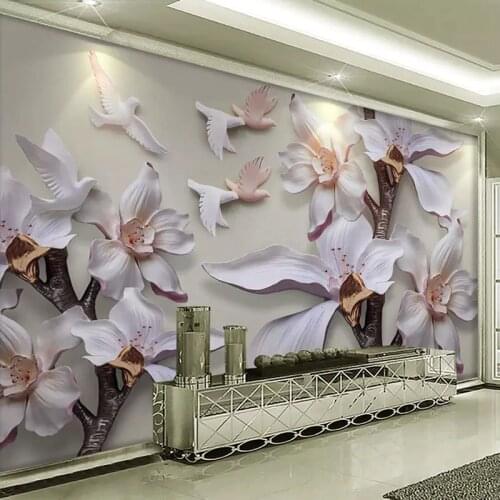 Custom Size 3D Wall Mural Wallpaper 3D Stereoscopic Relief Murals White Magnolia Flower TV Background Wallpapers For Living Room