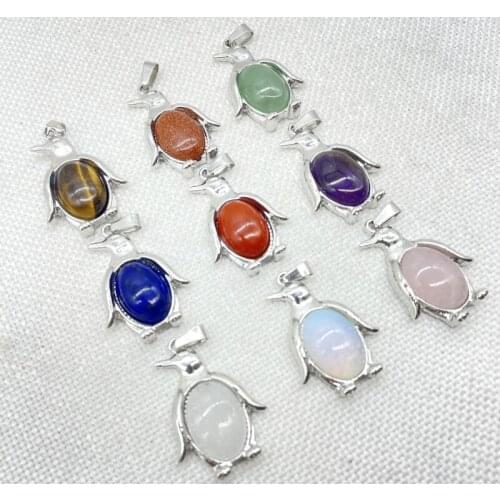 Natural Gem Stone Quartz Crystal Opal Amethyst Animal Penguin Archaize Silver Pendant For DIY Jewelry Making Necklace 10pcs